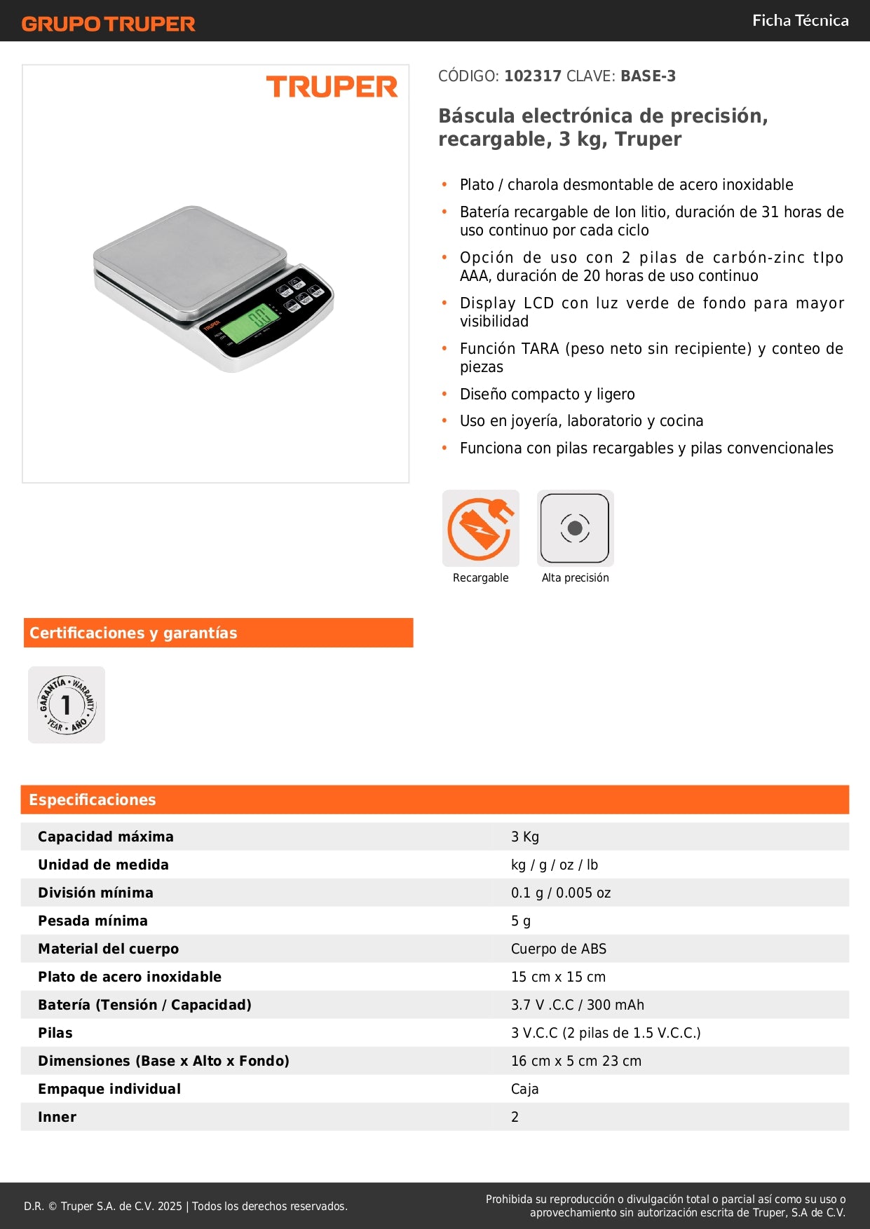 Báscula Electrónica Digital Truper 3kg Recargable - Precisión Profesional para Joyería, Laboratorio y Cocina - BASE-3