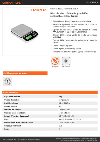 Báscula Electrónica Digital Truper 3kg Recargable - Precisión Profesional para Joyería, Laboratorio y Cocina - BASE-3