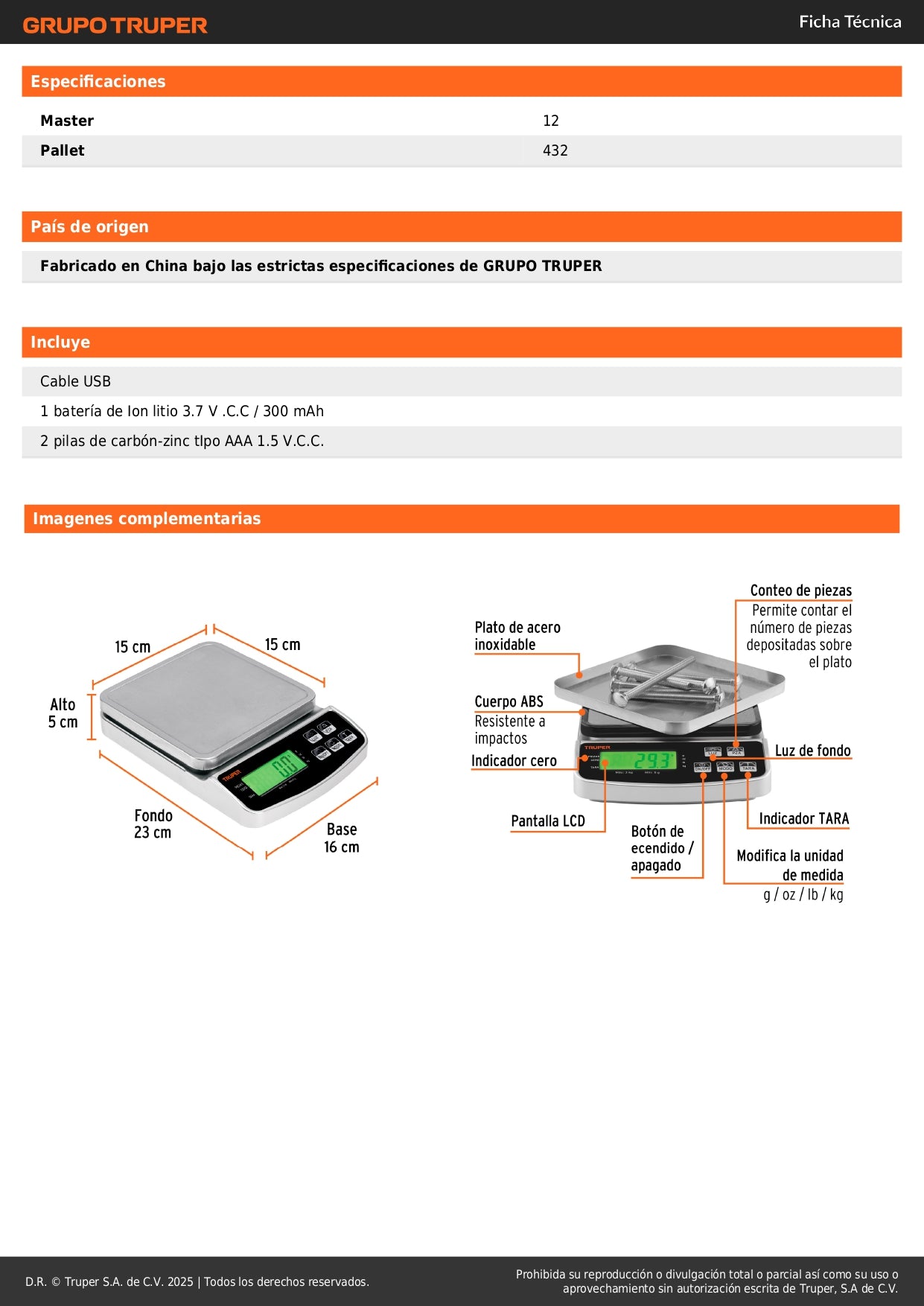Báscula Electrónica Digital Truper 3kg Recargable - Precisión Profesional para Joyería, Laboratorio y Cocina - BASE-3