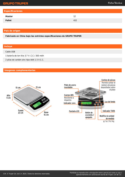 Báscula Electrónica Digital Truper 3kg Recargable - Precisión Profesional para Joyería, Laboratorio y Cocina - BASE-3