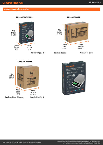 Báscula Electrónica Digital Truper 3kg Recargable - Precisión Profesional para Joyería, Laboratorio y Cocina - BASE-3