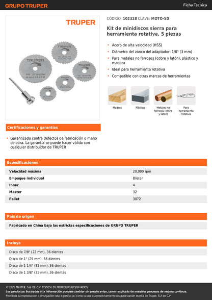 Kit de minidiscos sierra para herramienta rotativa, 5 piezas