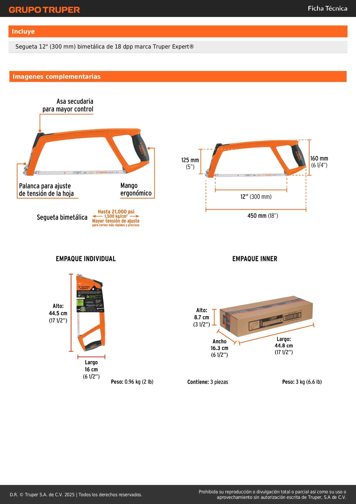 Arco de Sierra 12 Pulgadas ATX-12 Truper Expert Profesional Extra Pesado 1kg - Corte Rápido Antifatiga con Tensión 1500kg/cm² y Mango Ergonómico