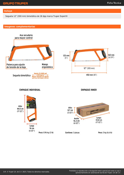 Arco de Sierra 12 Pulgadas ATX-12 Truper Expert Profesional Extra Pesado 1kg - Corte Rápido Antifatiga con Tensión 1500kg/cm² y Mango Ergonómico