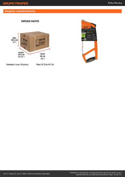 Arco de Sierra 12 Pulgadas ATX-12 Truper Expert Profesional Extra Pesado 1kg - Corte Rápido Antifatiga con Tensión 1500kg/cm² y Mango Ergonómico