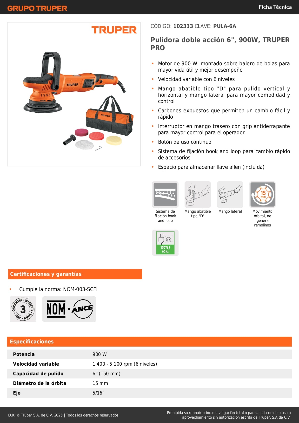 Pulidora Doble Acción TRUPER PRO 6 Pulgadas 900W - Velocidad Variable 6 Niveles - Solución Profesional para Pulido Automotriz y Industrial - Modelo PULA-6A