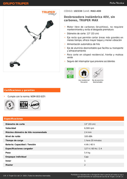 Desbrozadora Inalámbrica TRUPER MAX 40V Brushless MAX-40D - Corte Profesional de Césped y Maleza sin Cables ni Mantenimiento - Motor Sin Carbones 13 Pulgadas Diámetro - Solución Completa para Jardines Residenciales
