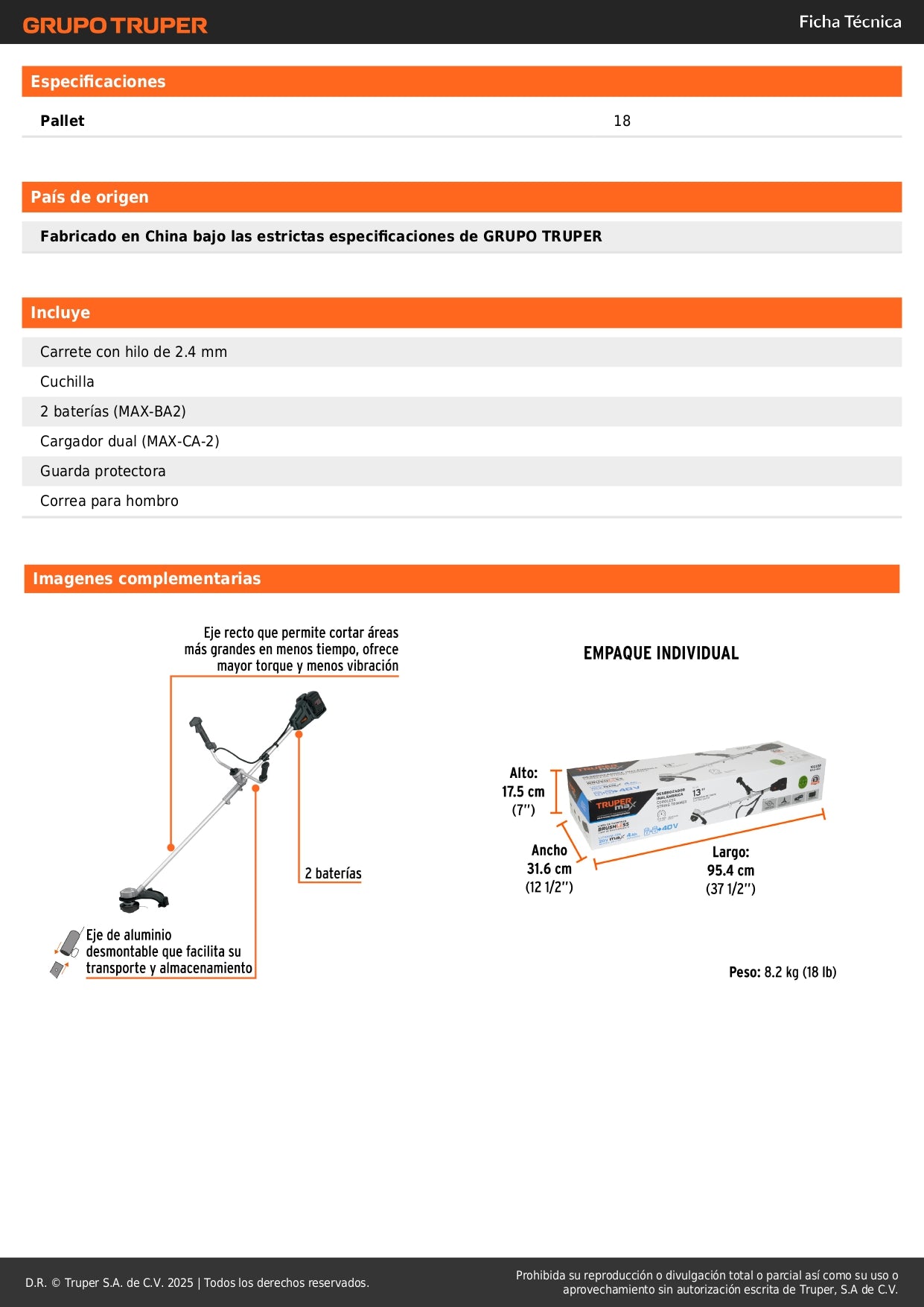 Desbrozadora Inalámbrica TRUPER MAX 40V Brushless MAX-40D - Corte Profesional de Césped y Maleza sin Cables ni Mantenimiento - Motor Sin Carbones 13 Pulgadas Diámetro - Solución Completa para Jardines Residenciales