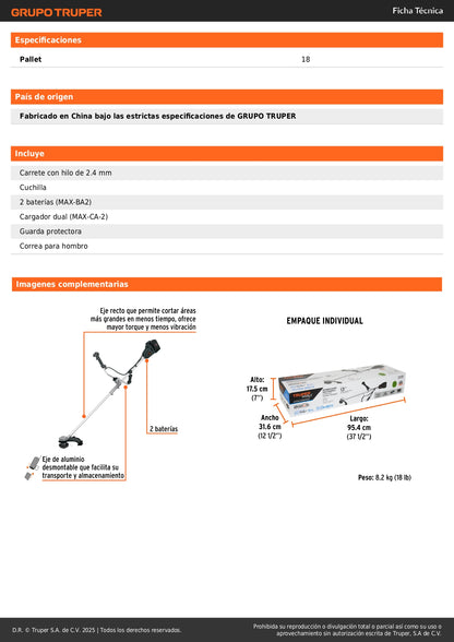 Desbrozadora Inalámbrica TRUPER MAX 40V Brushless MAX-40D - Corte Profesional de Césped y Maleza sin Cables ni Mantenimiento - Motor Sin Carbones 13 Pulgadas Diámetro - Solución Completa para Jardines Residenciales