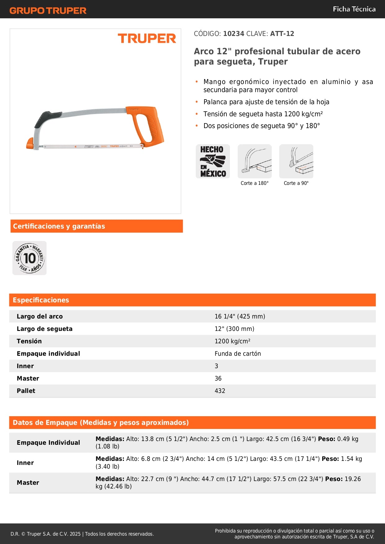 Arco Segueta Profesional 12 Pulgadas Truper ATT-12 - Corte Preciso Metal Madera Plástico - Mango Ergonómico Aluminio Tensión 1200 kg/cm² - Herramienta Industrial Ferretería