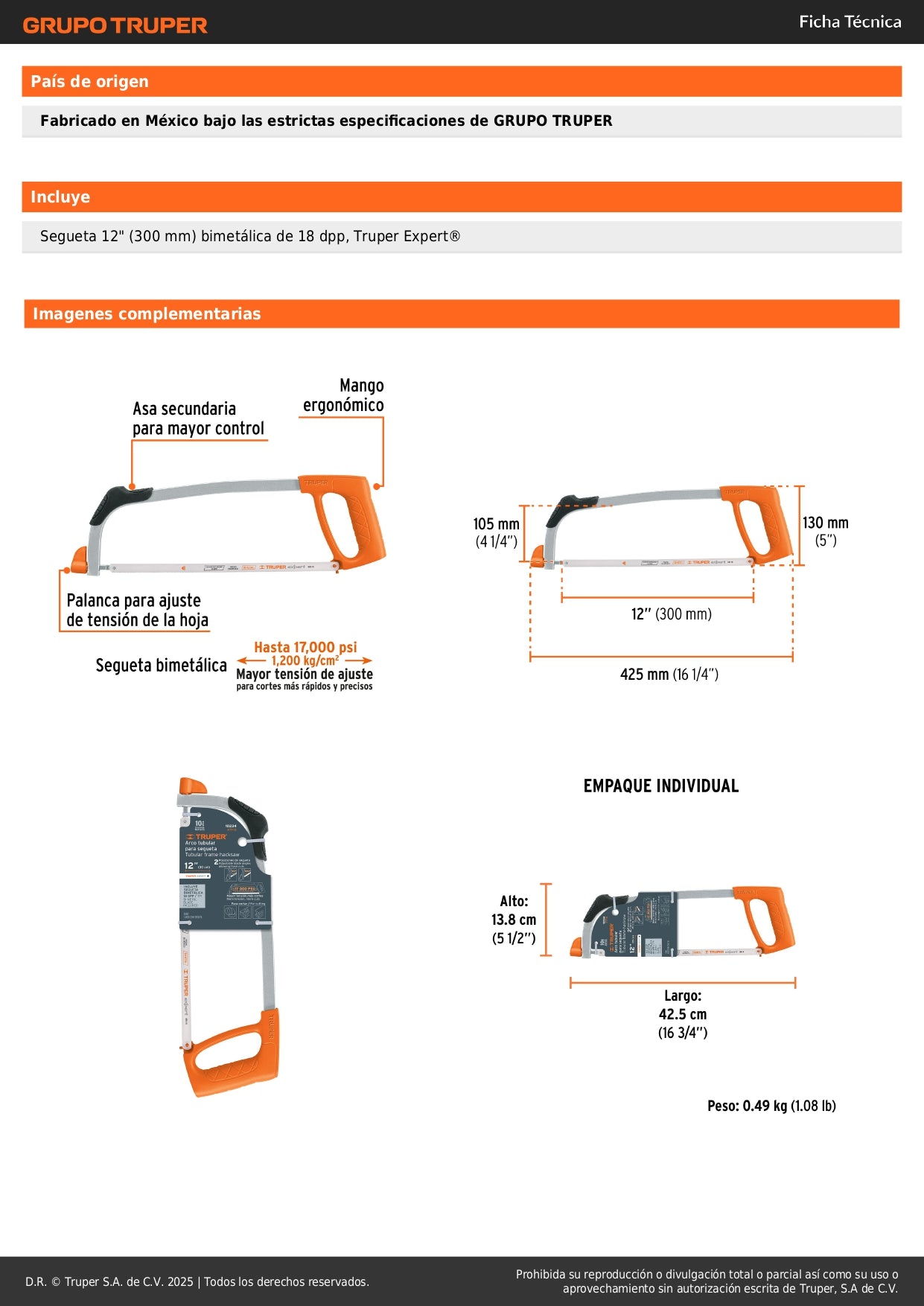 Arco Segueta Profesional 12 Pulgadas Truper ATT-12 - Corte Preciso Metal Madera Plástico - Mango Ergonómico Aluminio Tensión 1200 kg/cm² - Herramienta Industrial Ferretería
