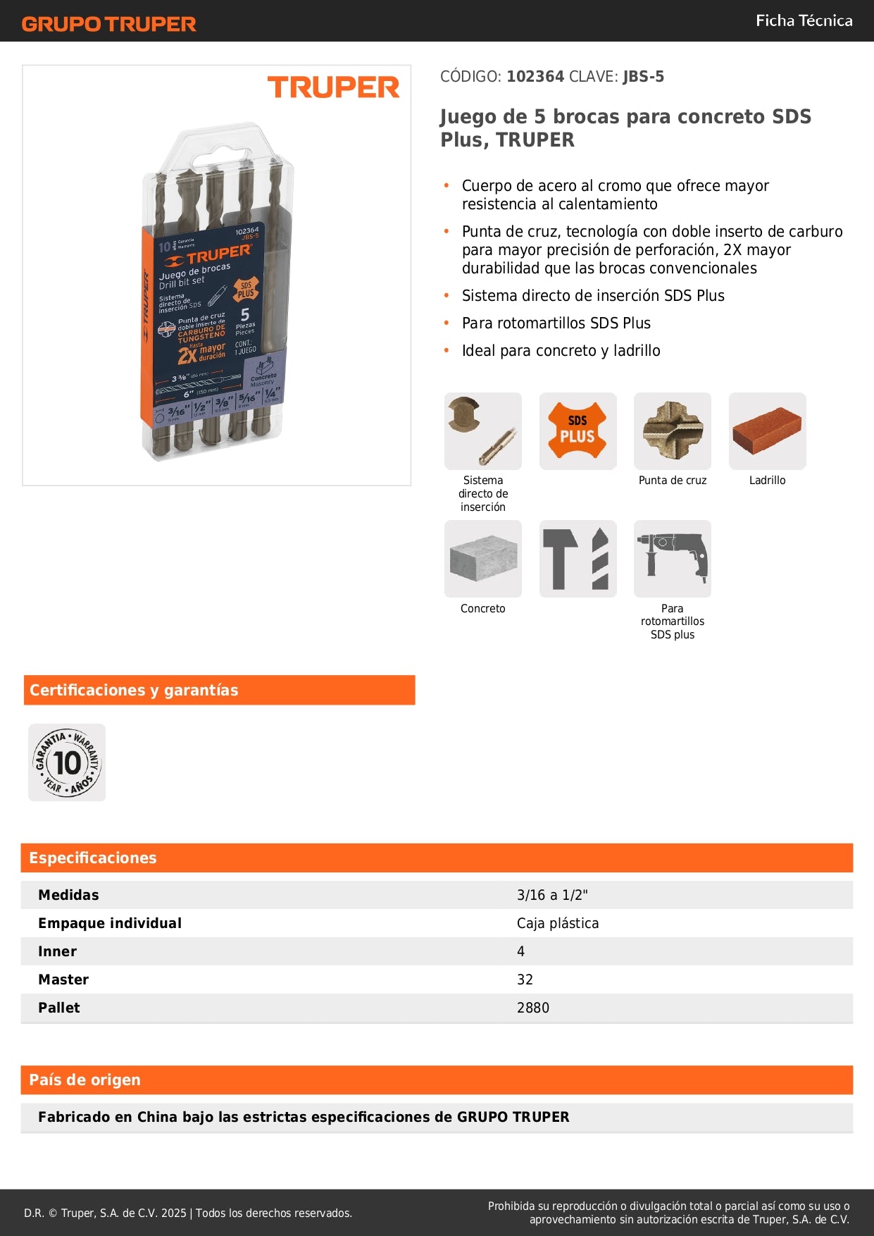 Juego de 5 brocas para concreto SDS Plus, TRUPER