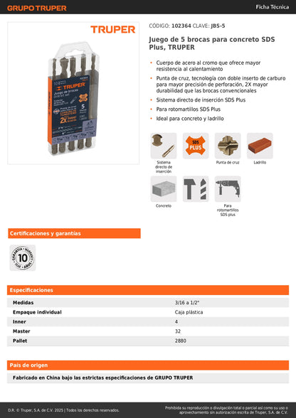 Juego de 5 brocas para concreto SDS Plus, TRUPER