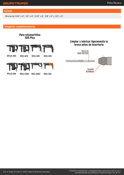 Juego de 5 brocas para concreto SDS Plus, TRUPER