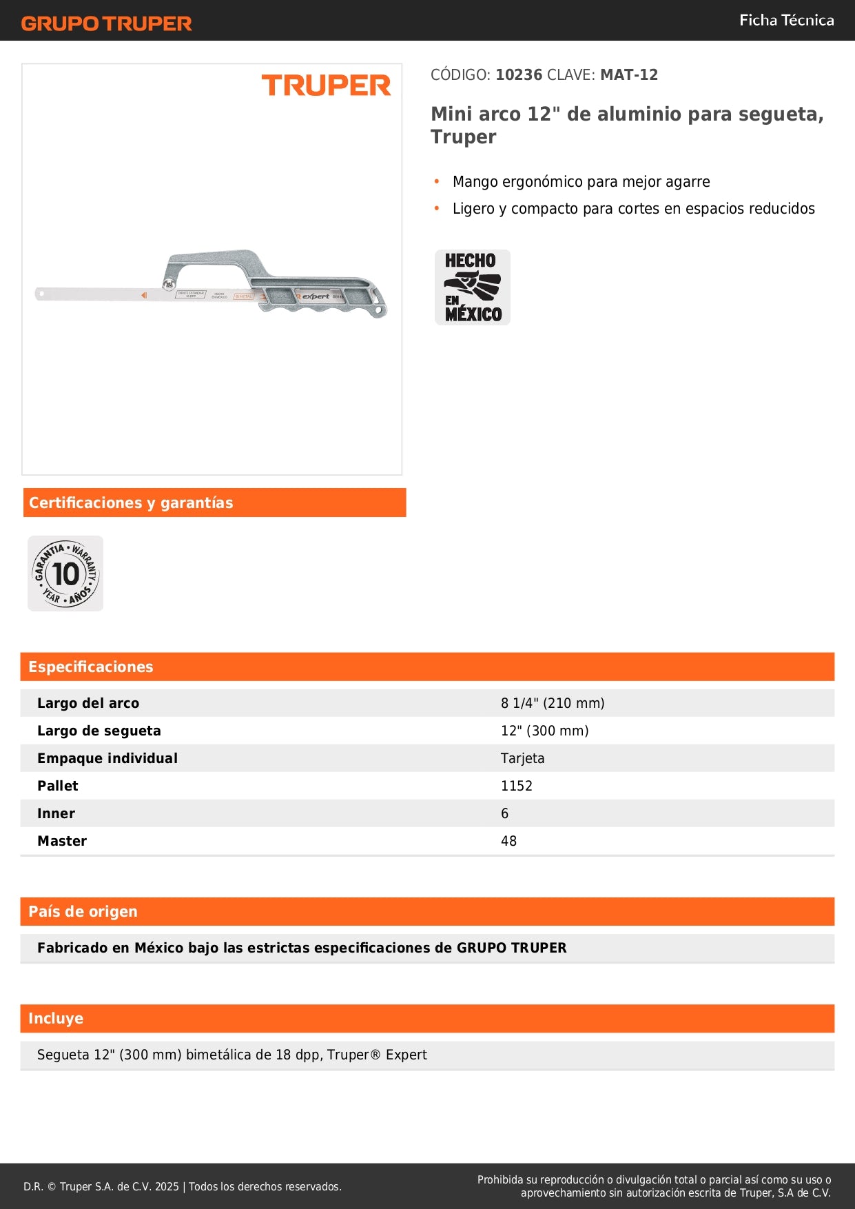 Mini Arco de Segueta 12 Pulgadas Aluminio Truper MAT-12 - Ergonómico Ligero para Cortes Precisos en Espacios Reducidos