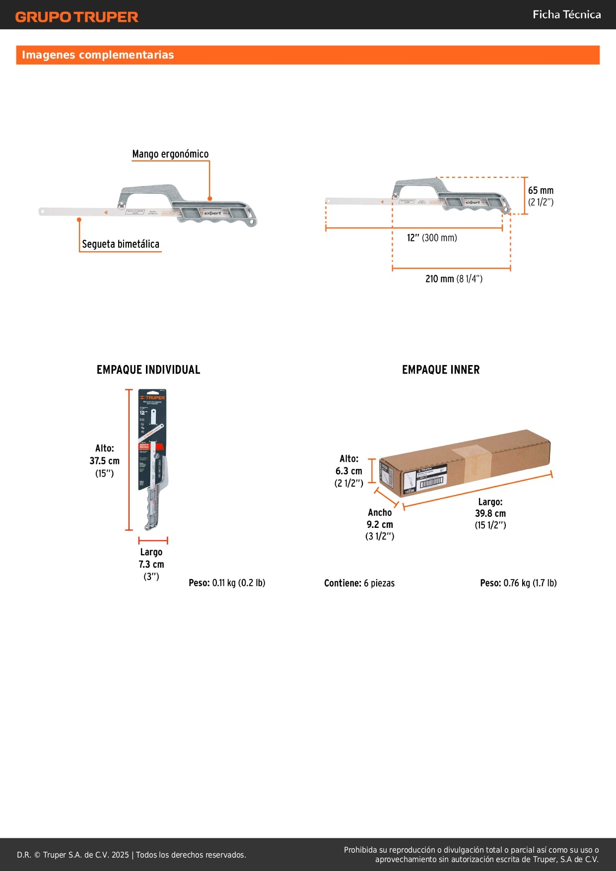Mini Arco de Segueta 12 Pulgadas Aluminio Truper MAT-12 - Ergonómico Ligero para Cortes Precisos en Espacios Reducidos