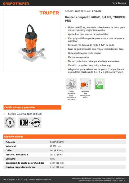 Router Compacto Profesional TRUPER 600W 3/4 HP - Corte Preciso en Madera con Control de Profundidad - ROU-MA