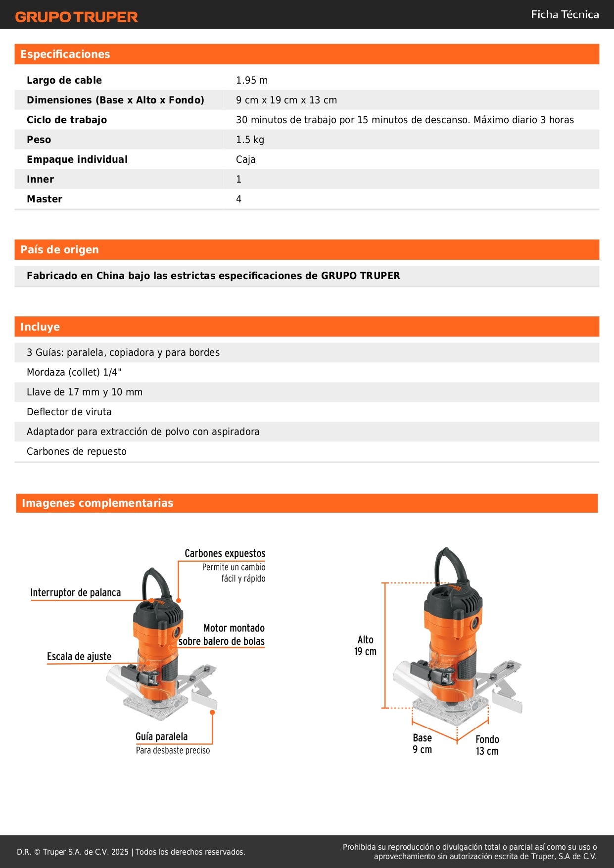 Router Compacto Profesional TRUPER 600W 3/4 HP - Corte Preciso en Madera con Control de Profundidad - ROU-MA