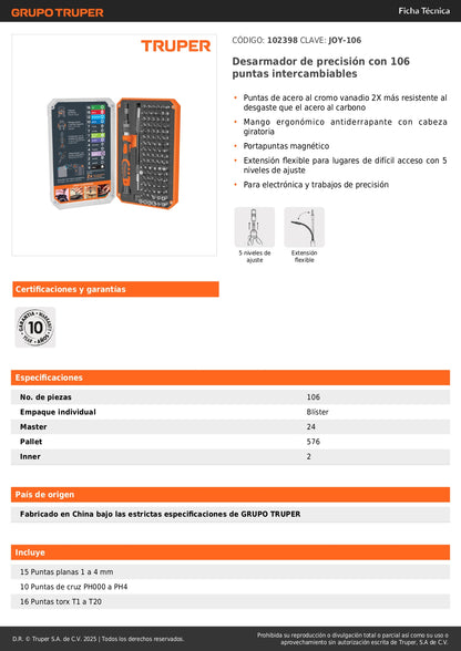 Desarmador de Precisión JOY-106 con 106 Puntas Intercambiables - Kit Profesional para Electrónica y Reparaciones