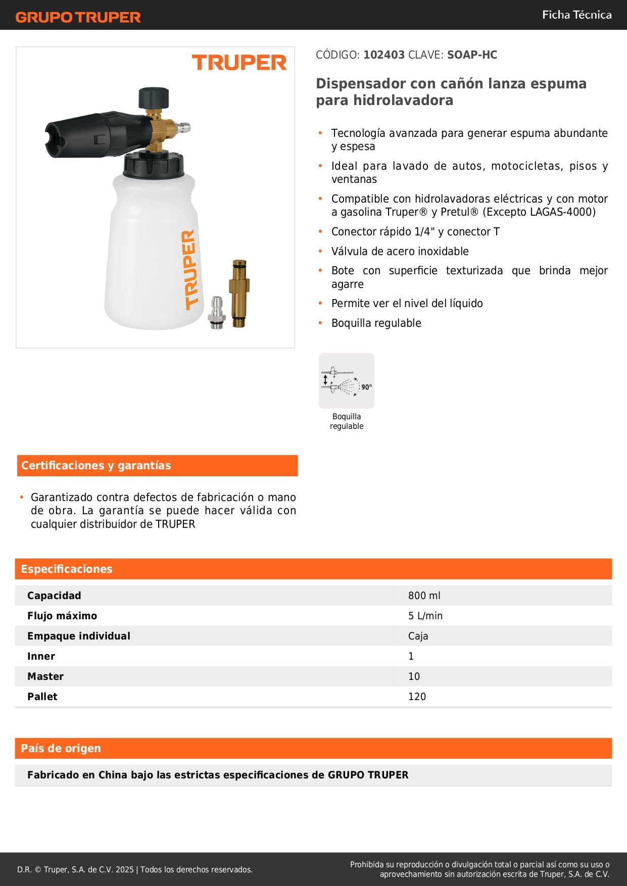 Dispensador Lanza Espuma para Hidrolavadora Truper Pretul - Cañón Generador de Espuma con Conector 1/4