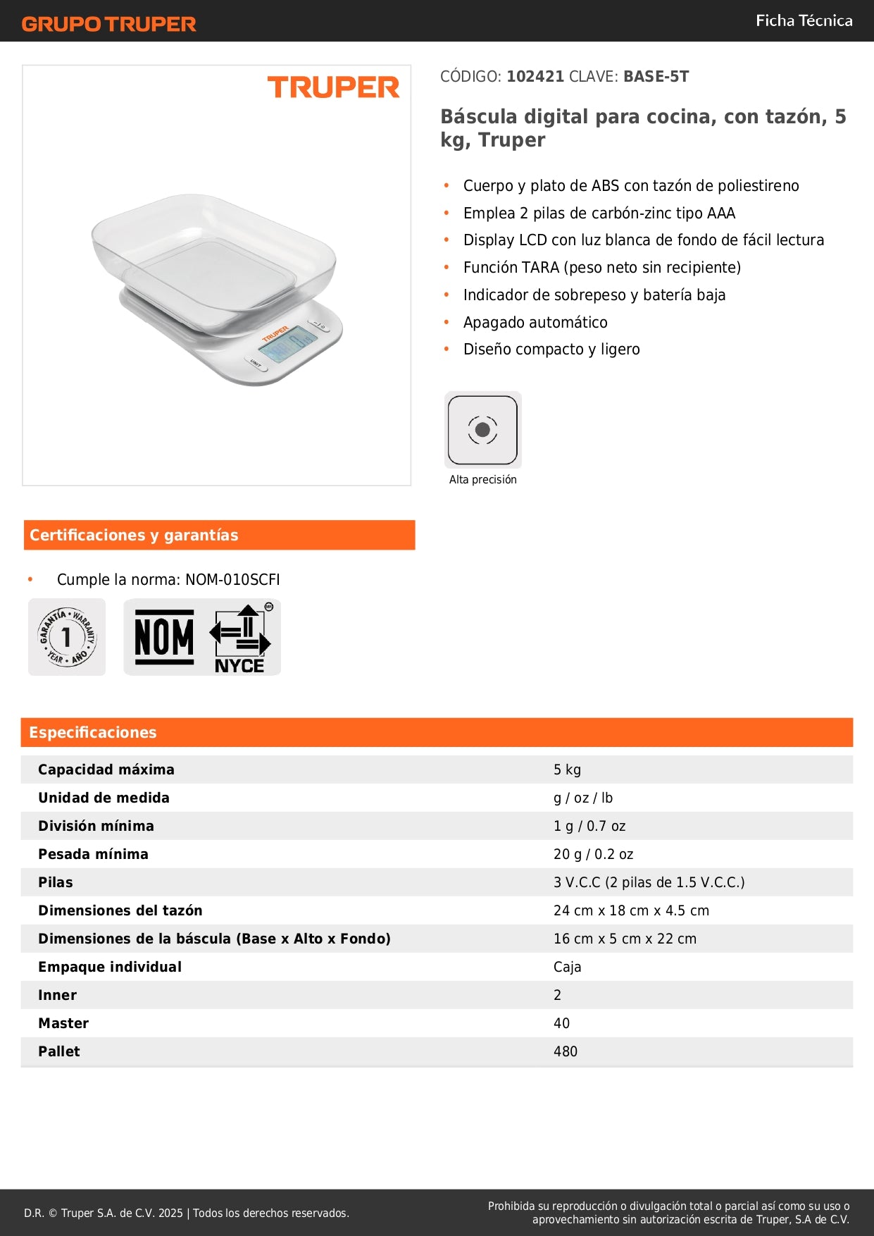 Báscula Digital de Cocina Truper 5kg con Tazón - Función TARA y Display LCD - Pesaje Preciso para Cocinar