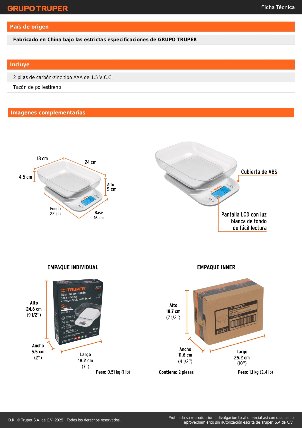 Báscula Digital de Cocina Truper 5kg con Tazón - Función TARA y Display LCD - Pesaje Preciso para Cocinar