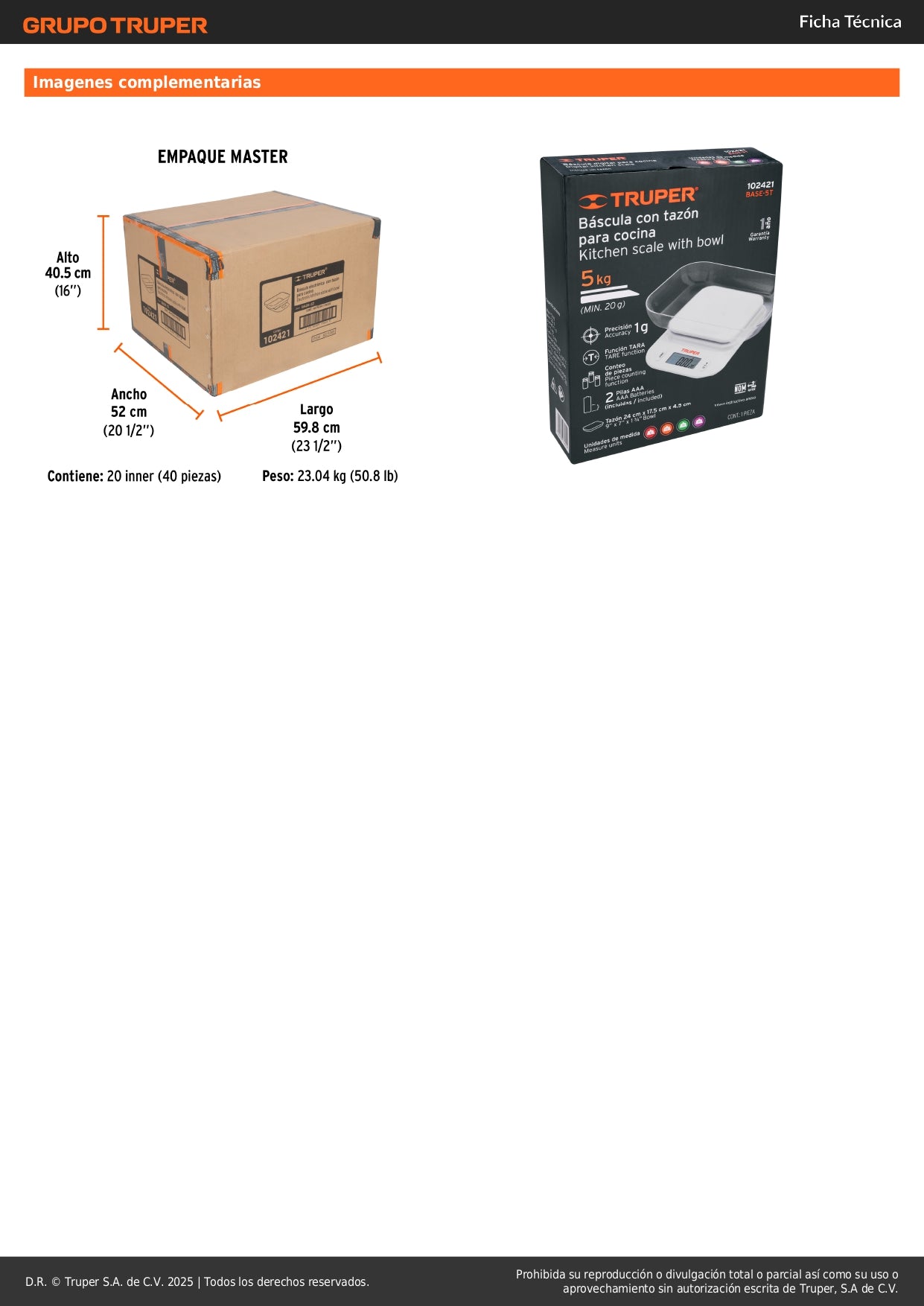 Báscula Digital de Cocina Truper 5kg con Tazón - Función TARA y Display LCD - Pesaje Preciso para Cocinar