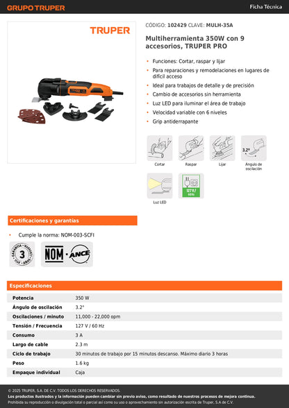 Multiherramienta 350W con 9 accesorios, TRUPER PRO