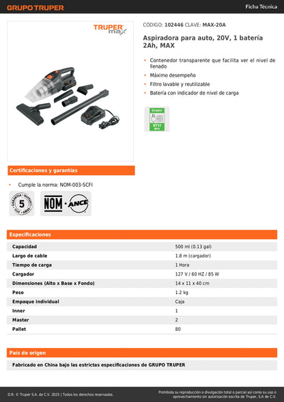 Aspiradora Inalámbrica para Auto 20V MAX-20A - Batería 2Ah con Indicador de Carga - Contenedor Transparente y Filtro Lavable - Solución Profesional para Limpieza Automotriz