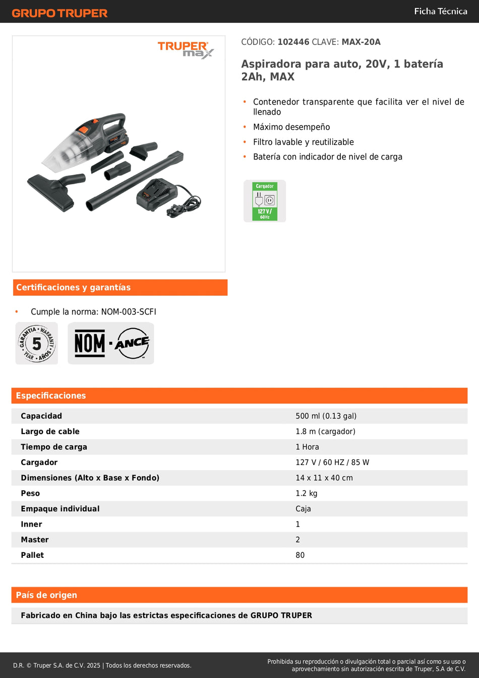 Aspiradora Inalámbrica para Auto 20V MAX-20A - Batería 2Ah con Indicador de Carga - Contenedor Transparente y Filtro Lavable - Solución Profesional para Limpieza Automotriz