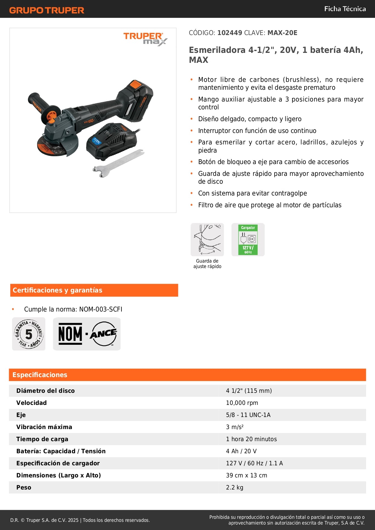Esmeriladora Inalámbrica 4.5 Pulgadas 20V MAX-20E Brushless - Corta y Esmerilar Acero, Ladrillo, Azulejo - Motor Sin Carbones, Batería 4Ah Incluida - Herramienta Profesional