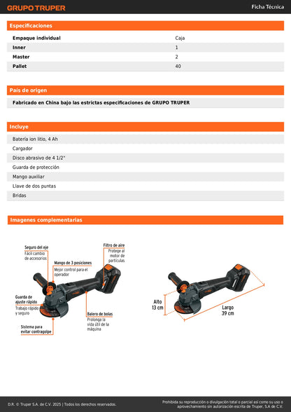 Esmeriladora Inalámbrica 4.5 Pulgadas 20V MAX-20E Brushless - Corta y Esmerilar Acero, Ladrillo, Azulejo - Motor Sin Carbones, Batería 4Ah Incluida - Herramienta Profesional