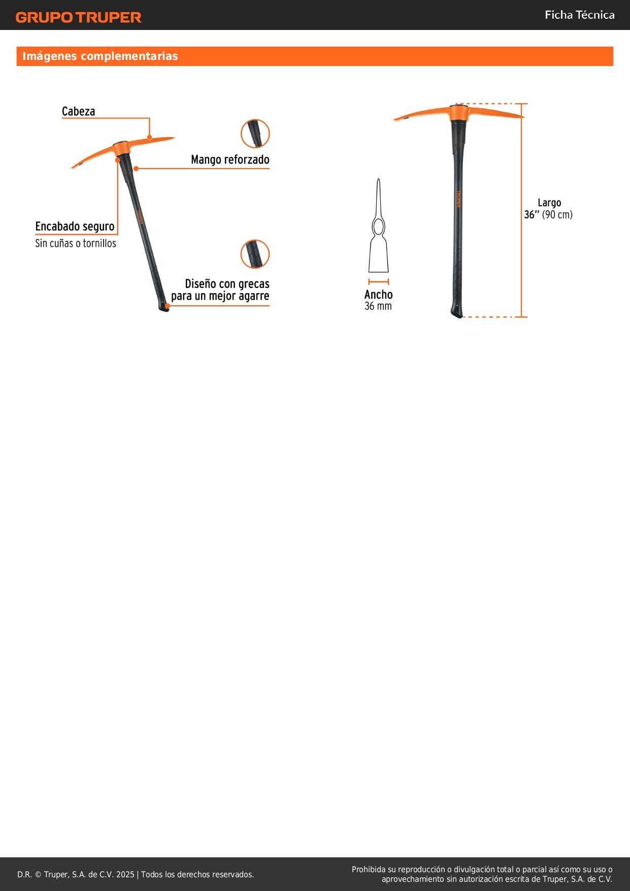 Zapapico Truper 6 lb Mango Fibra Vidrio 36" - Herramienta Profesional para Desenterrar Raíces y Romper Tierra Dura - ZP-6M