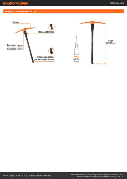 Zapapico Truper 6 lb Mango Fibra Vidrio 36" - Herramienta Profesional para Desenterrar Raíces y Romper Tierra Dura - ZP-6M