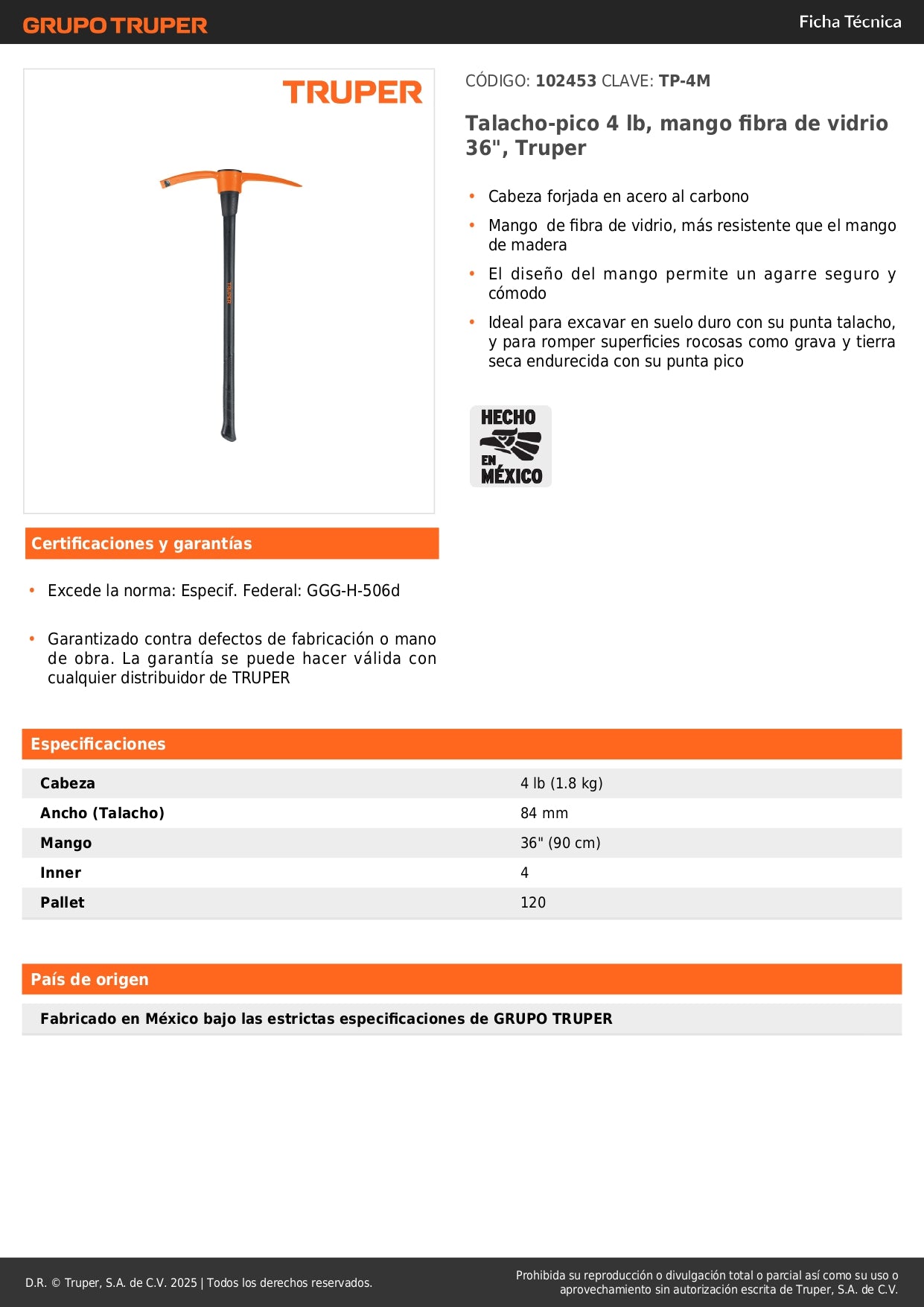 Talacho Pico 4 lb Mango Fibra de Vidrio 36" Truper TP-4M - Herramienta Profesional para Excavación en Suelo Duro y Ruptura de Superficies Rocosas - Cabeza Forjada Acero Carbono