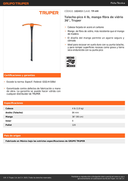 Talacho Pico 4 lb Mango Fibra de Vidrio 36" Truper TP-4M - Herramienta Profesional para Excavación en Suelo Duro y Ruptura de Superficies Rocosas - Cabeza Forjada Acero Carbono