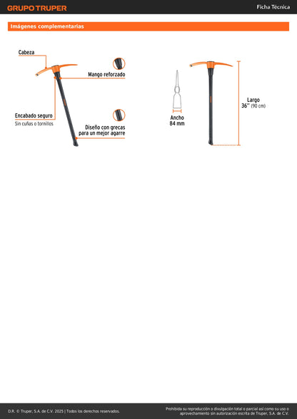 Talacho Pico 4 lb Mango Fibra de Vidrio 36" Truper TP-4M - Herramienta Profesional para Excavación en Suelo Duro y Ruptura de Superficies Rocosas - Cabeza Forjada Acero Carbono