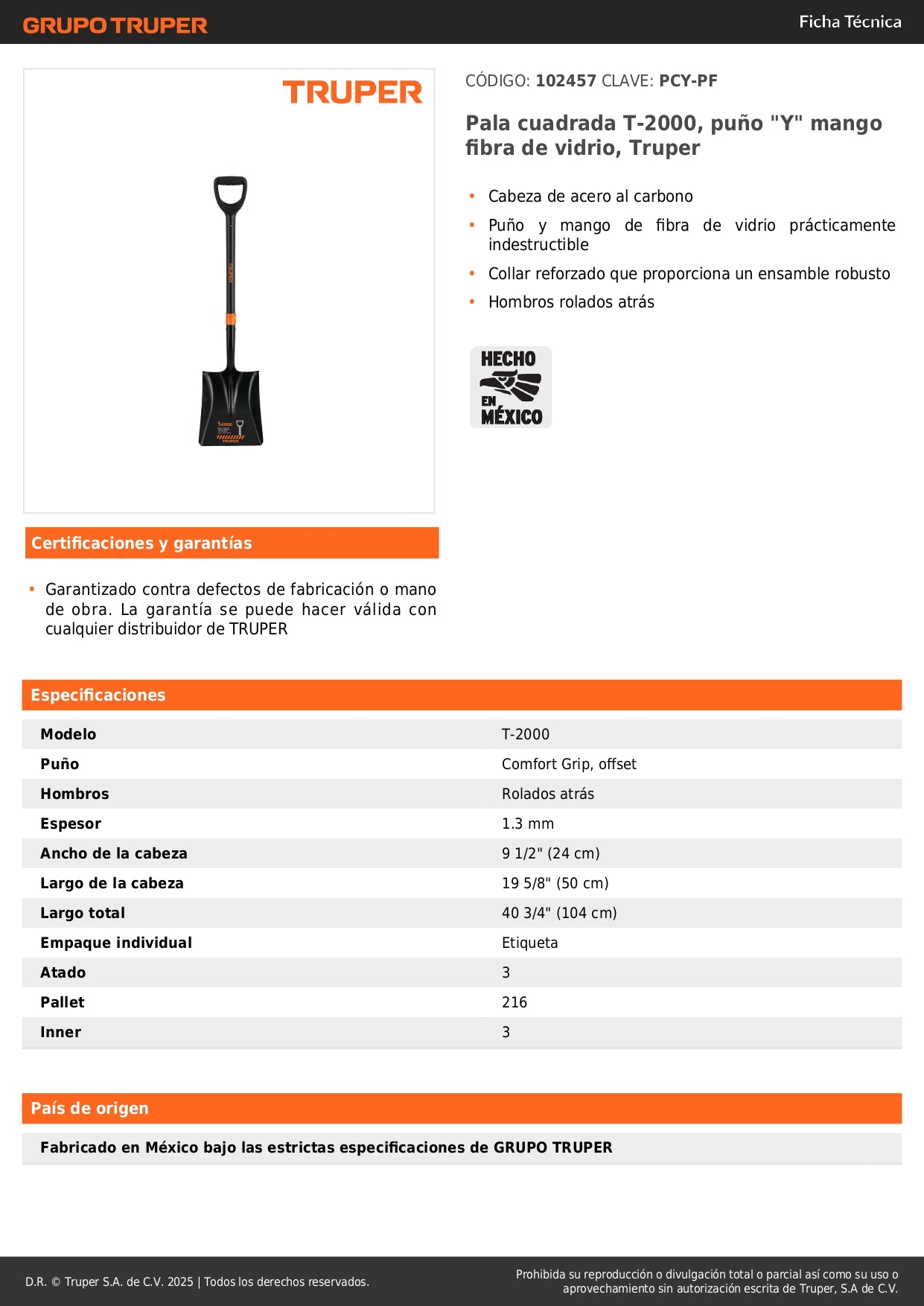 Pala Cuadrada T-2000 Truper Fibra de Vidrio - Herramienta Profesional Indestructible para Excavación y Construcción