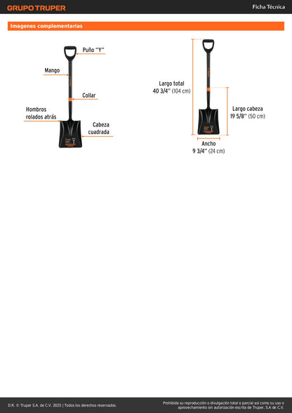 Pala Cuadrada T-2000 Truper Fibra de Vidrio - Herramienta Profesional Indestructible para Excavación y Construcción
