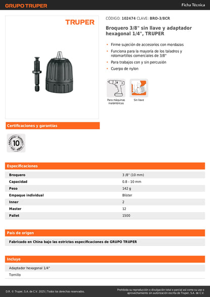 Broquero 3/8" sin llave y adaptador hexagonal 1/4", TRUPER