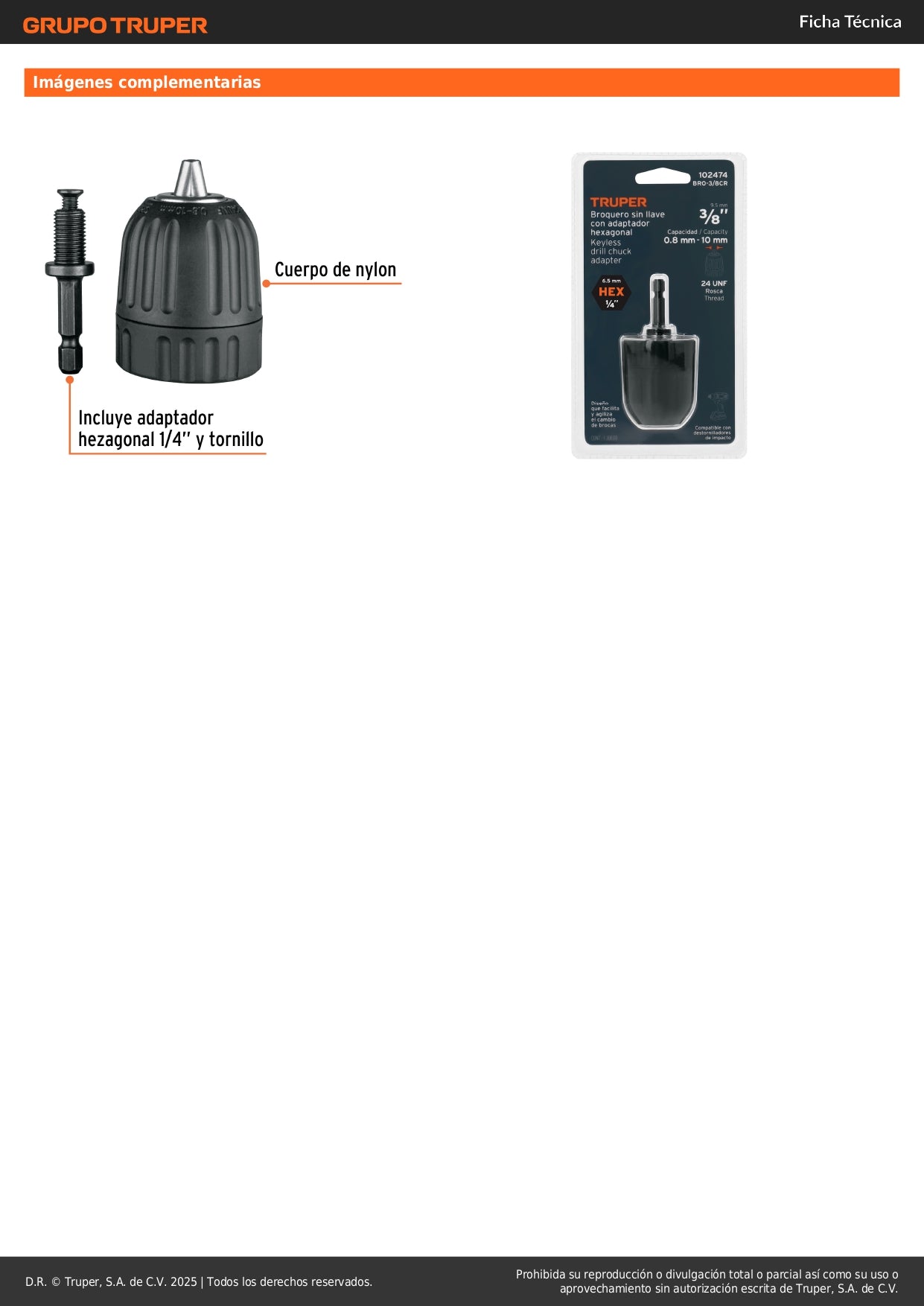 Broquero 3/8" sin llave y adaptador hexagonal 1/4", TRUPER