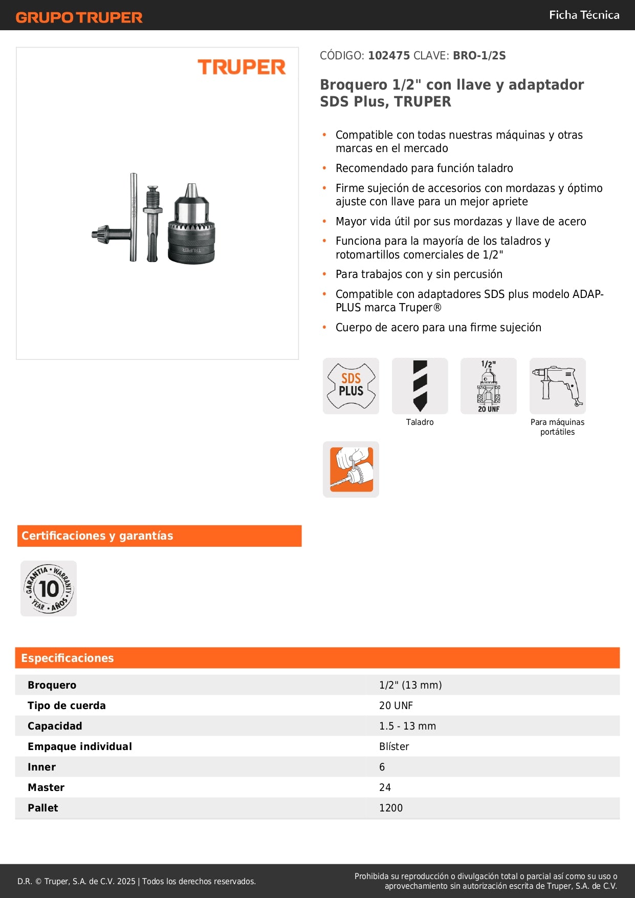 Broquero 1/2" con llave y adaptador SDS Plus, TRUPER