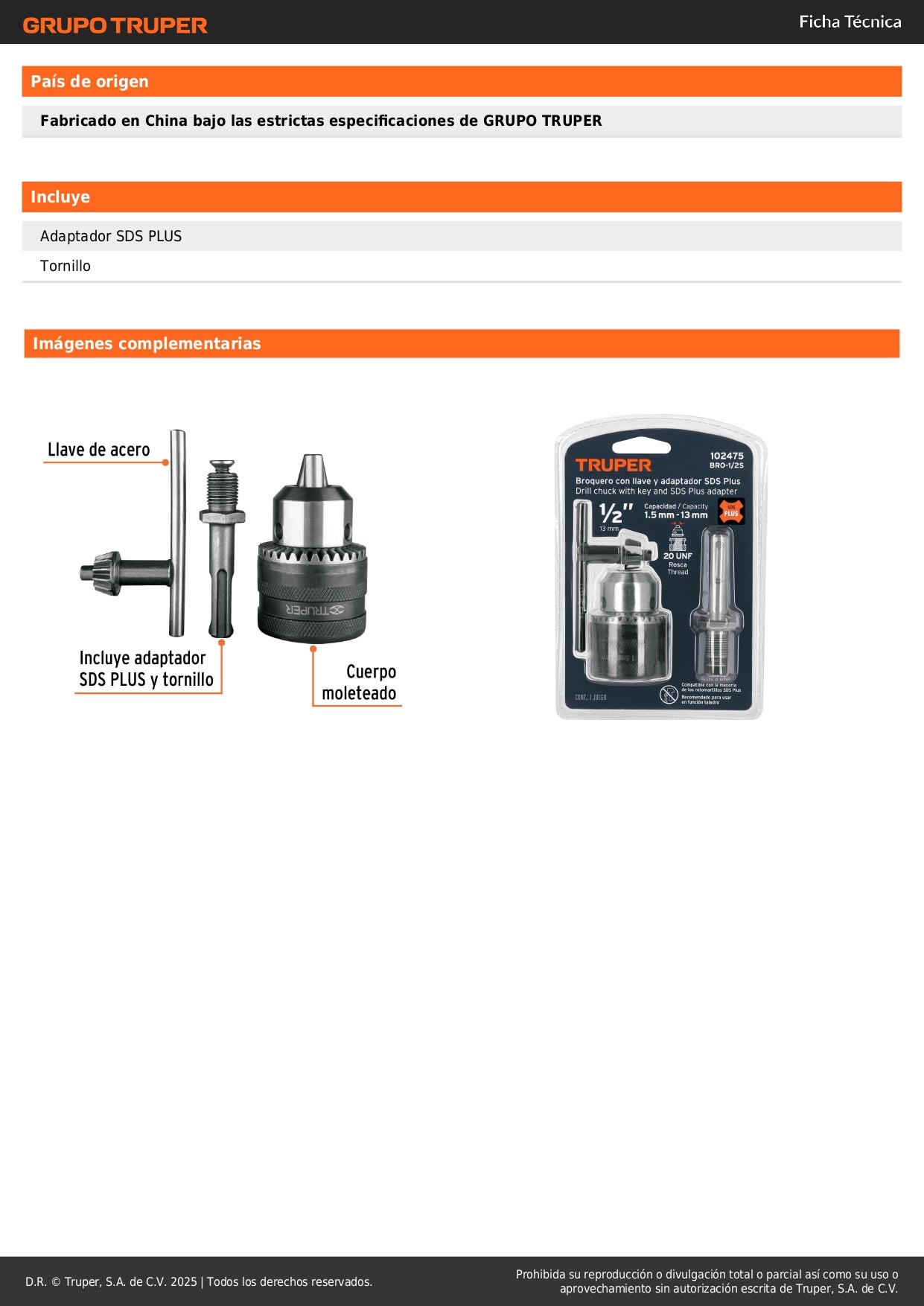 Broquero 1/2" con llave y adaptador SDS Plus, TRUPER