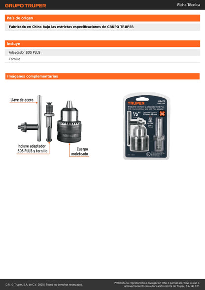 Broquero 1/2" con llave y adaptador SDS Plus, TRUPER