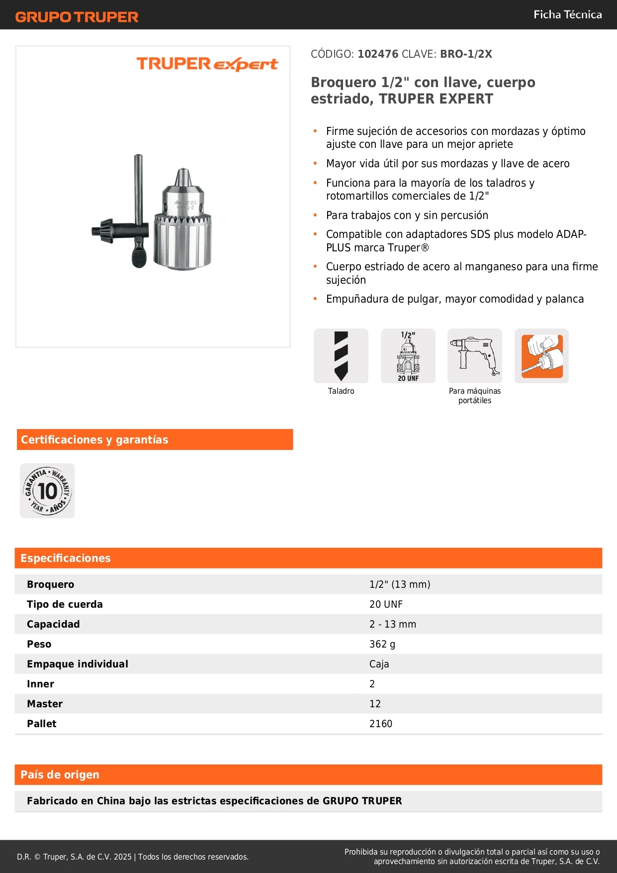 Broquero 1/2" con llave, cuerpo estriado, TRUPER EXPERT