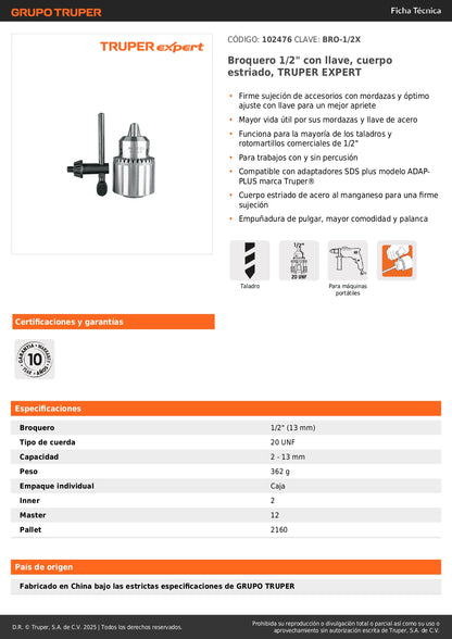 Broquero 1/2" con llave, cuerpo estriado, TRUPER EXPERT