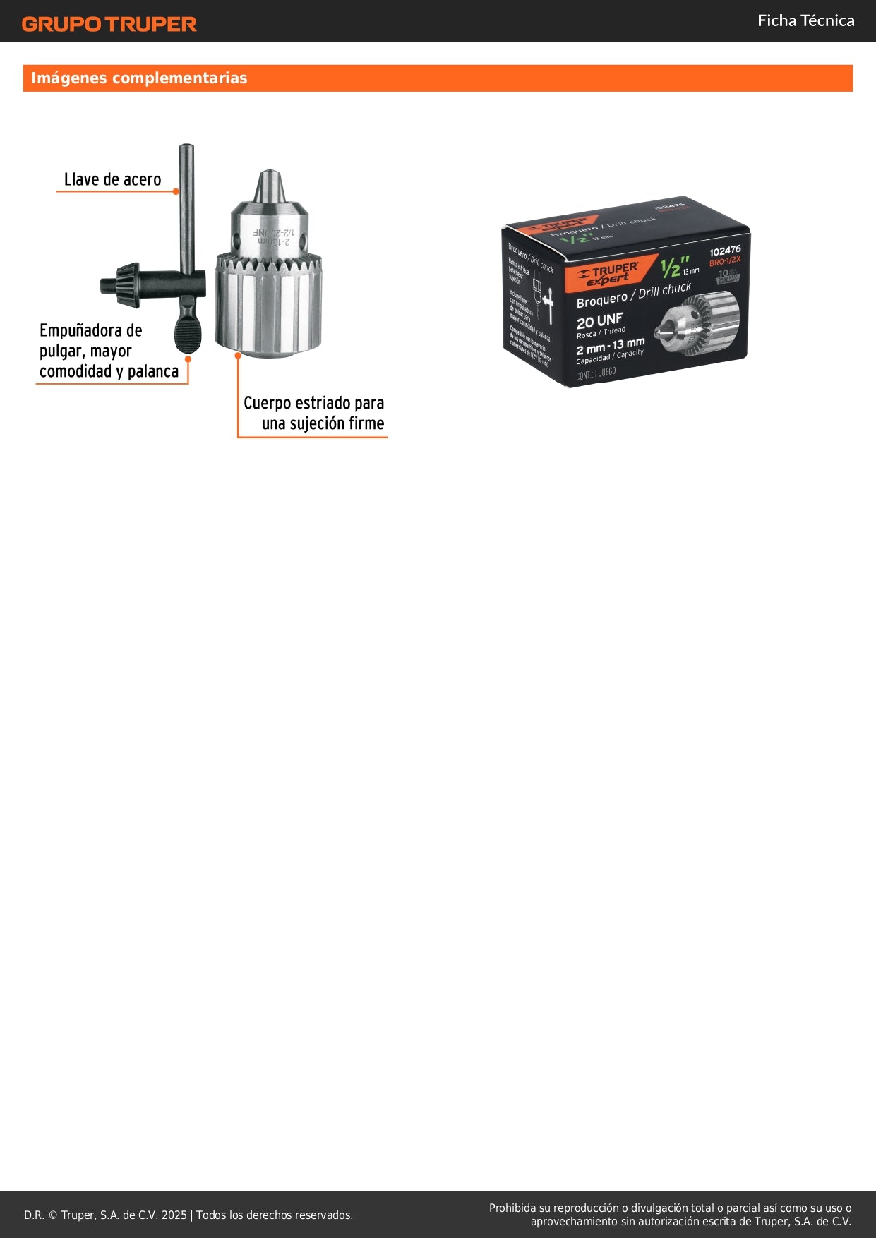 Broquero 1/2" con llave, cuerpo estriado, TRUPER EXPERT