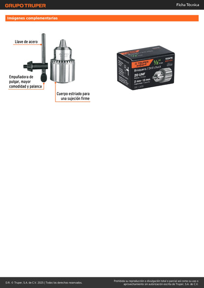 Broquero 1/2" con llave, cuerpo estriado, TRUPER EXPERT