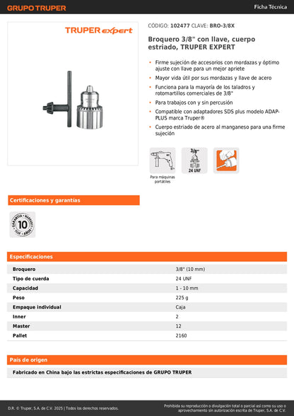 Broquero 3/8" con llave, cuerpo estriado, TRUPER EXPERT