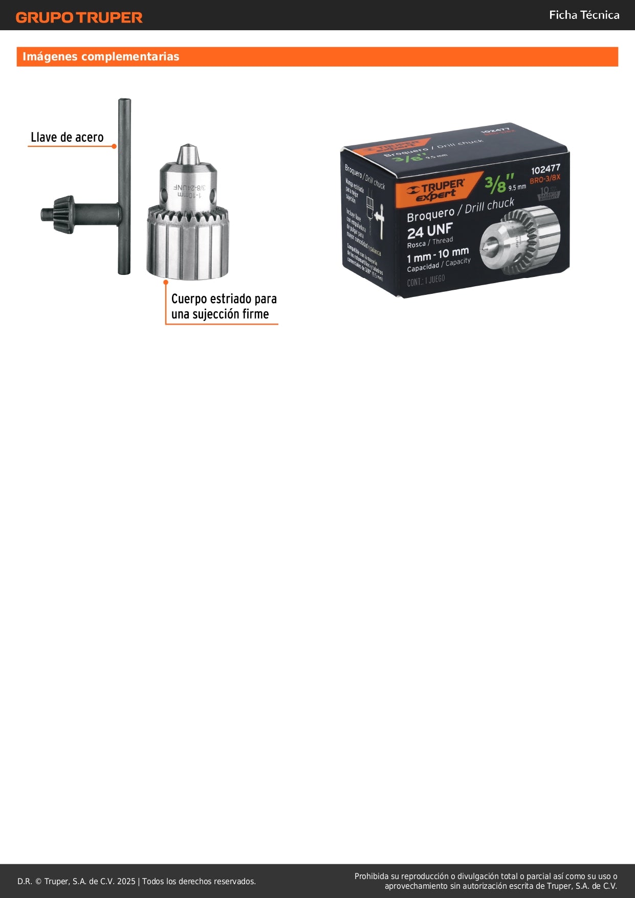 Broquero 3/8" con llave, cuerpo estriado, TRUPER EXPERT